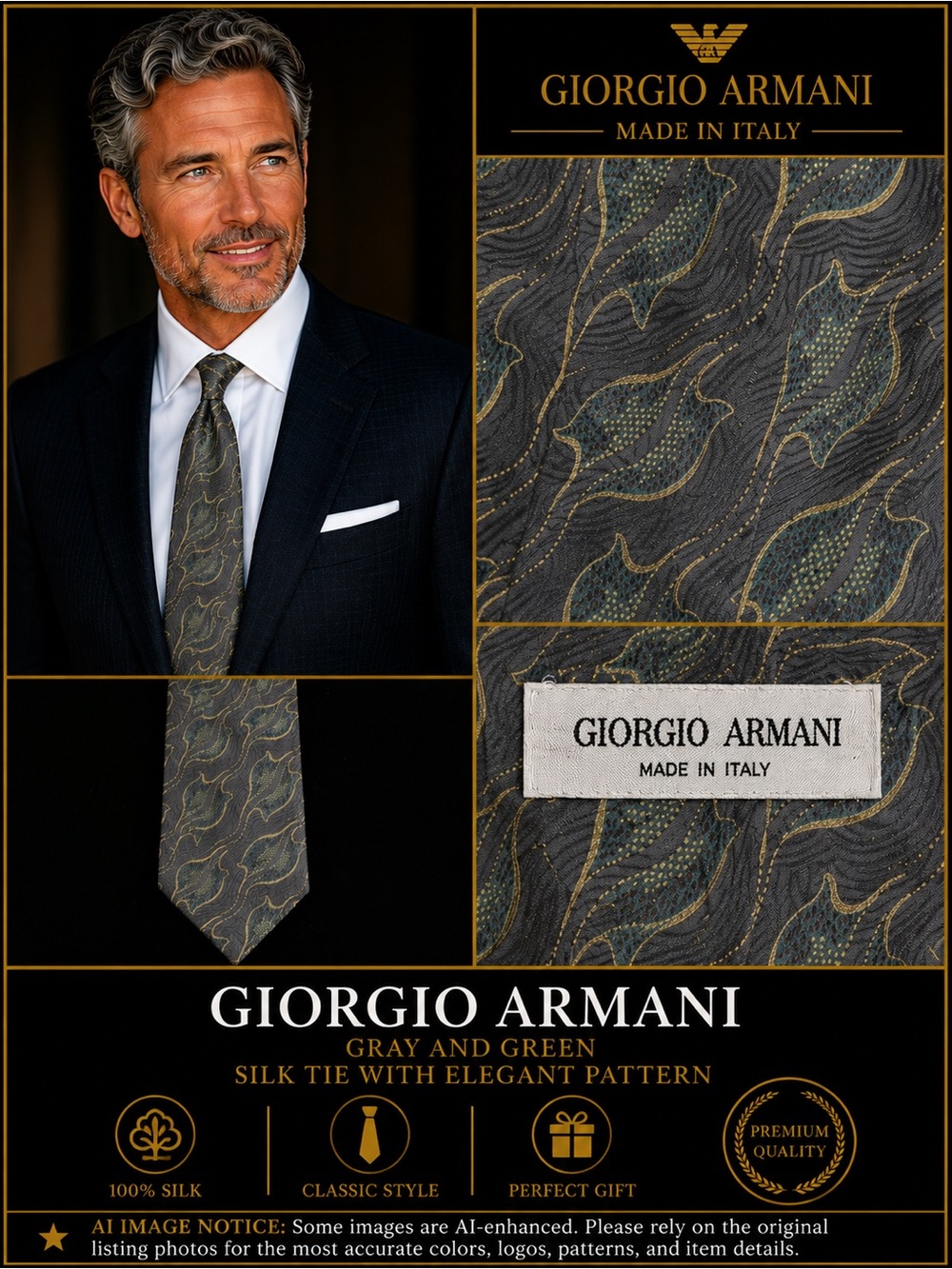 Giorgio Armani Gray and Green Silk Tie with Elegant Pattern